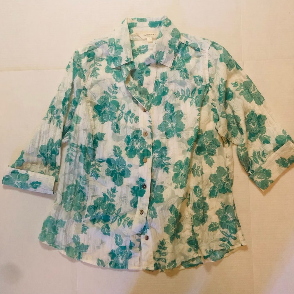 Tantrums Size Med Cotton Button Down Green and White Floral Print